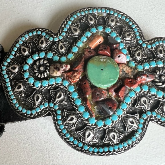 Cache bejeweled buckle, cowgirl belt, black leather studded, sz S, EUC vintage - Picture 6 of 13